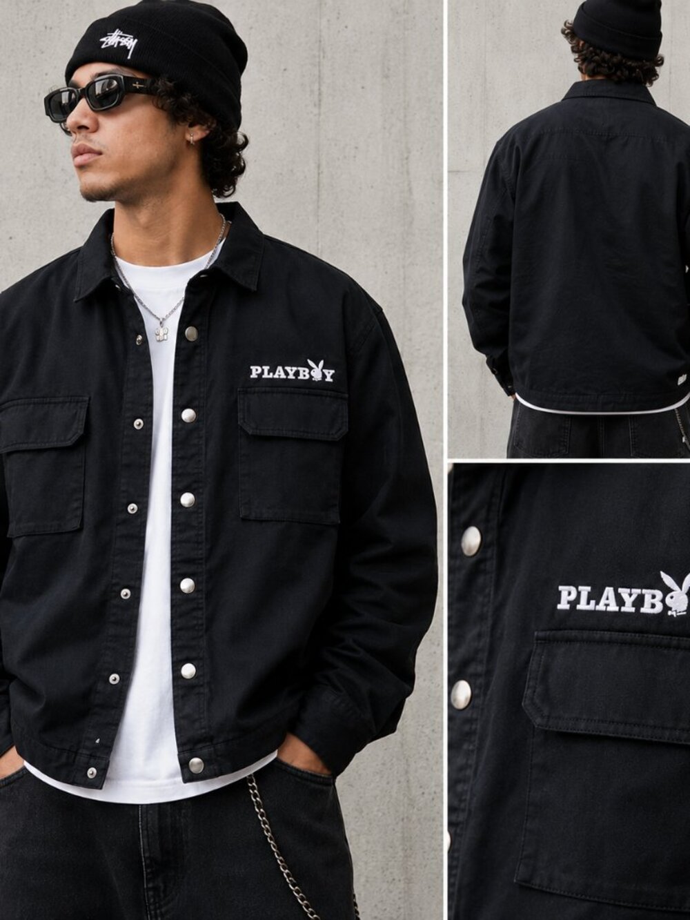 Playboy Mens Large Shacket Snap Front Black Cotton Long Sleeve Embroidered Logo